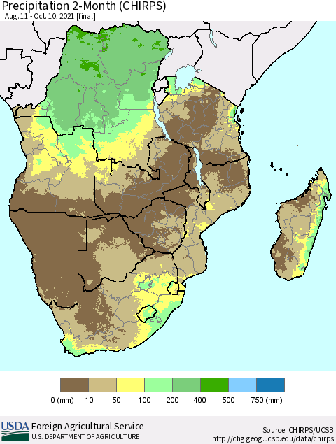 Southern Africa Precipitation 2-Month (CHIRPS) Thematic Map For 8/11/2021 - 10/10/2021