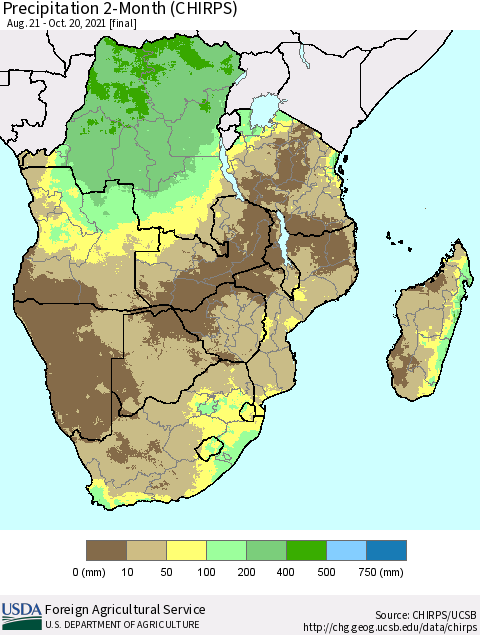 Southern Africa Precipitation 2-Month (CHIRPS) Thematic Map For 8/21/2021 - 10/20/2021