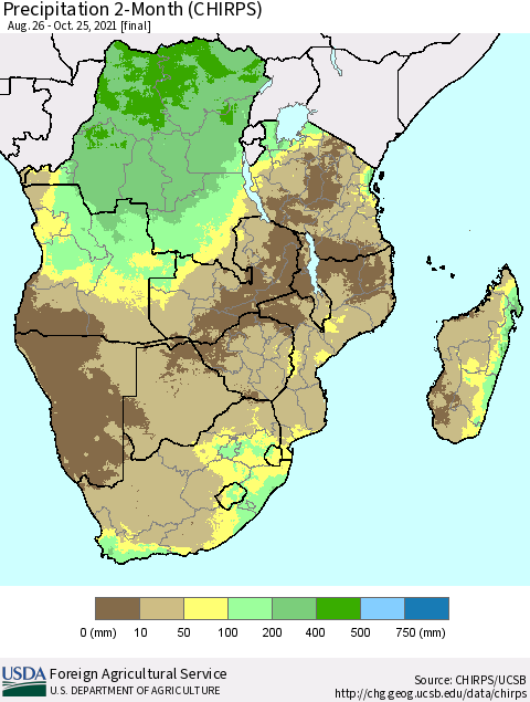 Southern Africa Precipitation 2-Month (CHIRPS) Thematic Map For 8/26/2021 - 10/25/2021