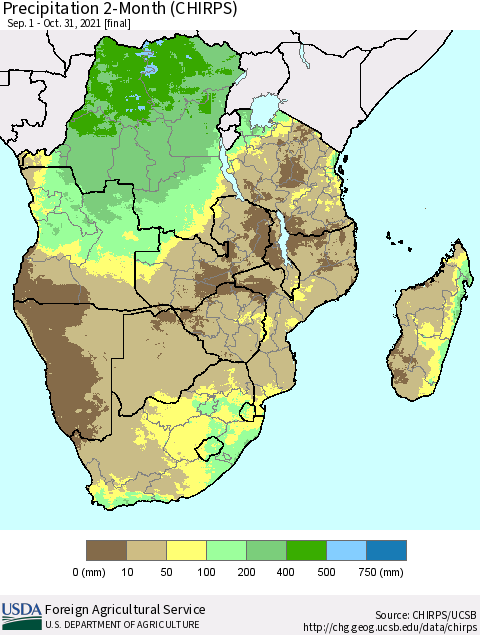 Southern Africa Precipitation 2-Month (CHIRPS) Thematic Map For 9/1/2021 - 10/31/2021