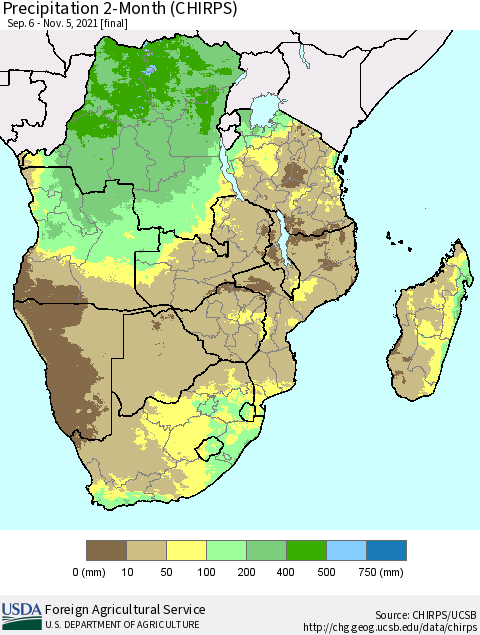 Southern Africa Precipitation 2-Month (CHIRPS) Thematic Map For 9/6/2021 - 11/5/2021