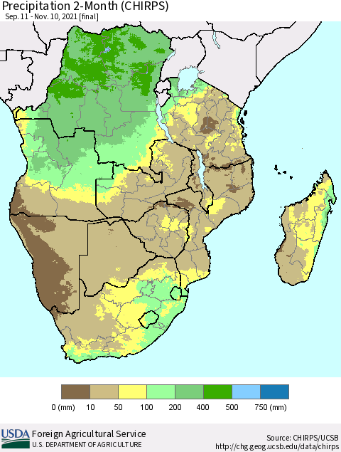 Southern Africa Precipitation 2-Month (CHIRPS) Thematic Map For 9/11/2021 - 11/10/2021