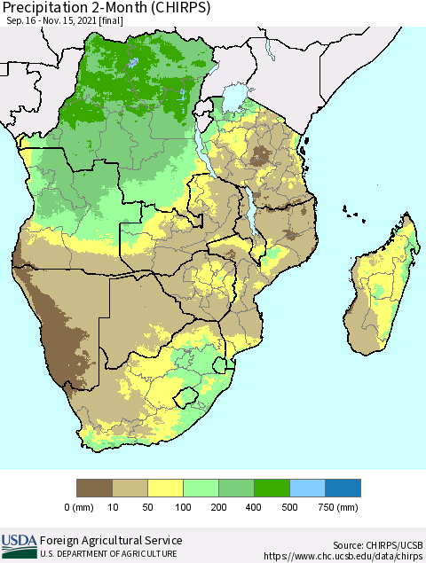 Southern Africa Precipitation 2-Month (CHIRPS) Thematic Map For 9/16/2021 - 11/15/2021