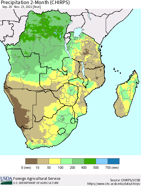 Southern Africa Precipitation 2-Month (CHIRPS) Thematic Map For 9/26/2021 - 11/25/2021