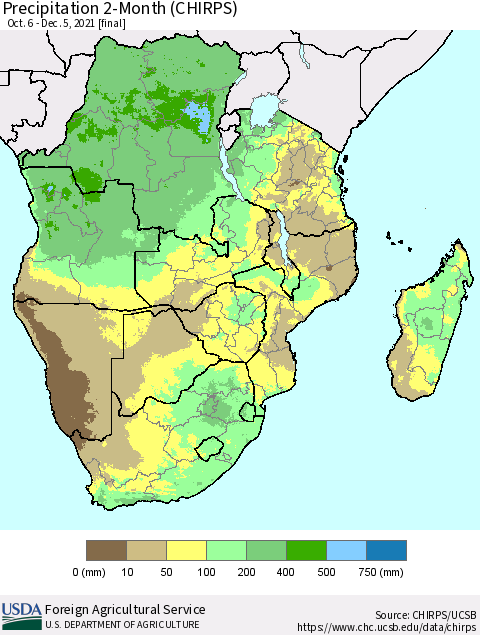Southern Africa Precipitation 2-Month (CHIRPS) Thematic Map For 10/6/2021 - 12/5/2021