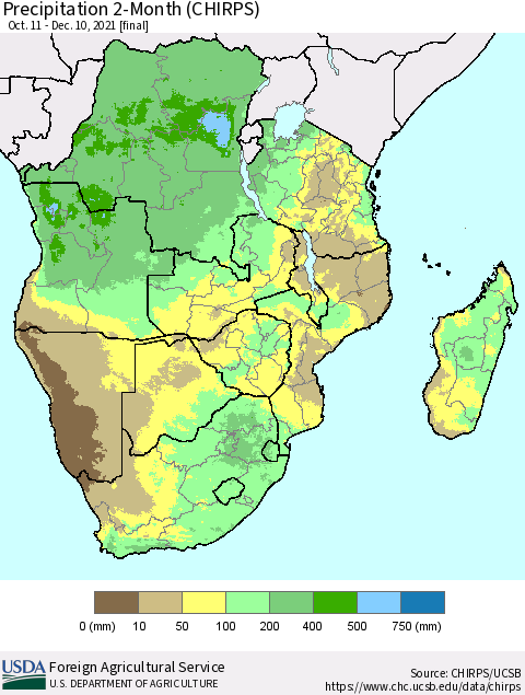 Southern Africa Precipitation 2-Month (CHIRPS) Thematic Map For 10/11/2021 - 12/10/2021