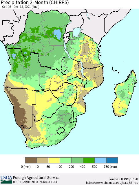 Southern Africa Precipitation 2-Month (CHIRPS) Thematic Map For 10/16/2021 - 12/15/2021