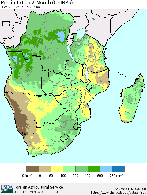 Southern Africa Precipitation 2-Month (CHIRPS) Thematic Map For 10/21/2021 - 12/20/2021