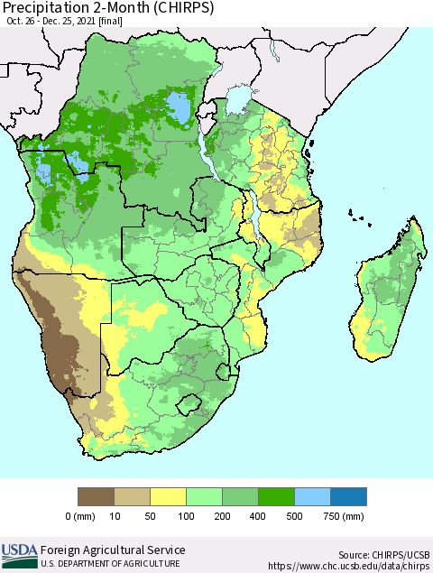 Southern Africa Precipitation 2-Month (CHIRPS) Thematic Map For 10/26/2021 - 12/25/2021