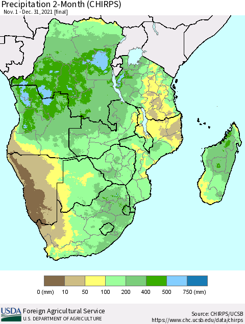 Southern Africa Precipitation 2-Month (CHIRPS) Thematic Map For 11/1/2021 - 12/31/2021