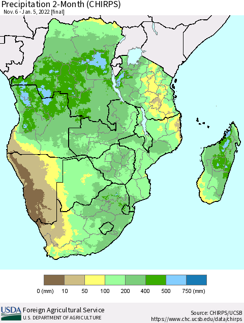 Southern Africa Precipitation 2-Month (CHIRPS) Thematic Map For 11/6/2021 - 1/5/2022