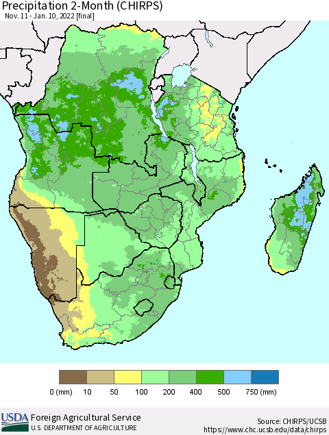 Southern Africa Precipitation 2-Month (CHIRPS) Thematic Map For 11/11/2021 - 1/10/2022