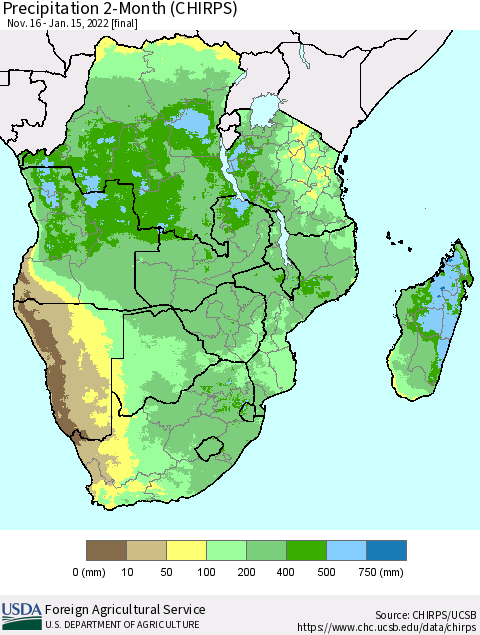 Southern Africa Precipitation 2-Month (CHIRPS) Thematic Map For 11/16/2021 - 1/15/2022