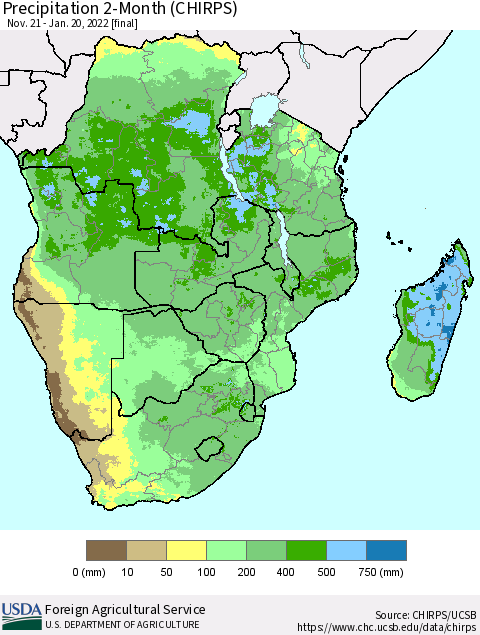 Southern Africa Precipitation 2-Month (CHIRPS) Thematic Map For 11/21/2021 - 1/20/2022