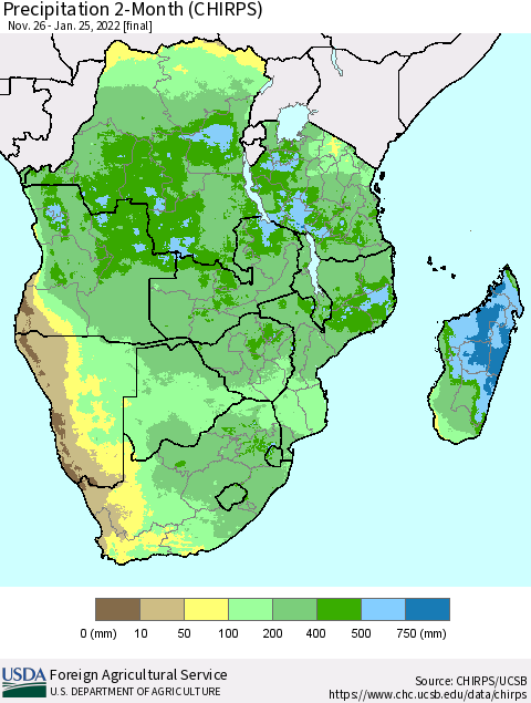 Southern Africa Precipitation 2-Month (CHIRPS) Thematic Map For 11/26/2021 - 1/25/2022