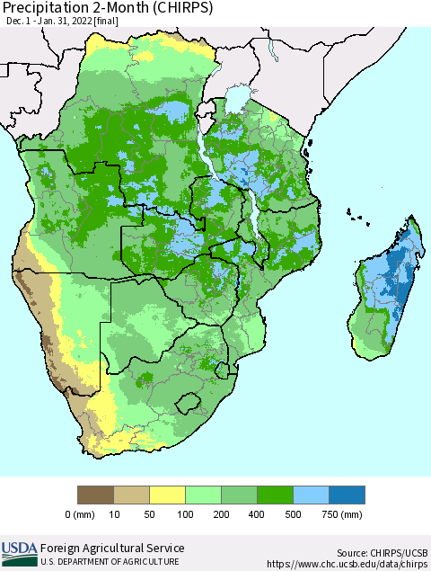 Southern Africa Precipitation 2-Month (CHIRPS) Thematic Map For 12/1/2021 - 1/31/2022