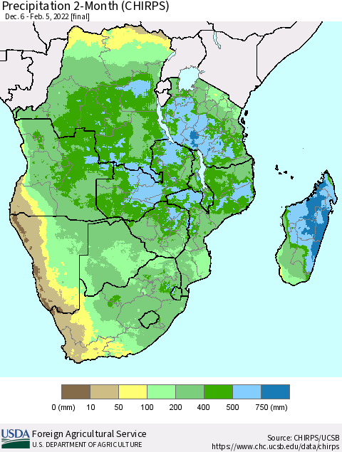 Southern Africa Precipitation 2-Month (CHIRPS) Thematic Map For 12/6/2021 - 2/5/2022