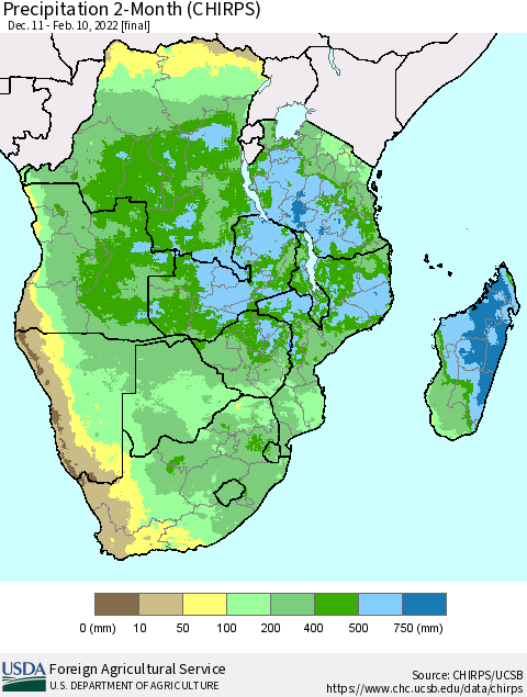 Southern Africa Precipitation 2-Month (CHIRPS) Thematic Map For 12/11/2021 - 2/10/2022