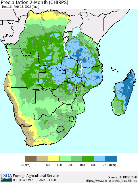 Southern Africa Precipitation 2-Month (CHIRPS) Thematic Map For 12/16/2021 - 2/15/2022