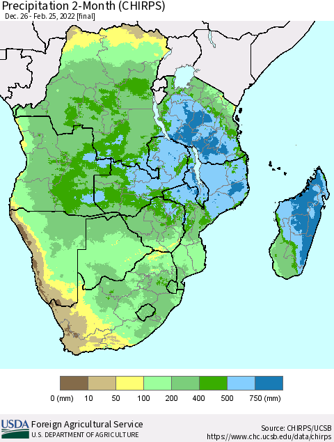 Southern Africa Precipitation 2-Month (CHIRPS) Thematic Map For 12/26/2021 - 2/25/2022