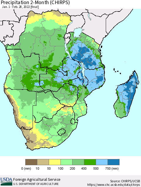 Southern Africa Precipitation 2-Month (CHIRPS) Thematic Map For 1/1/2022 - 2/28/2022