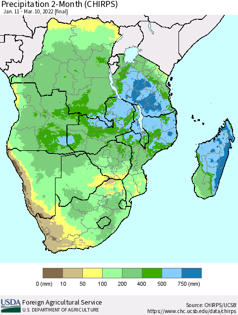 Southern Africa Precipitation 2-Month (CHIRPS) Thematic Map For 1/11/2022 - 3/10/2022
