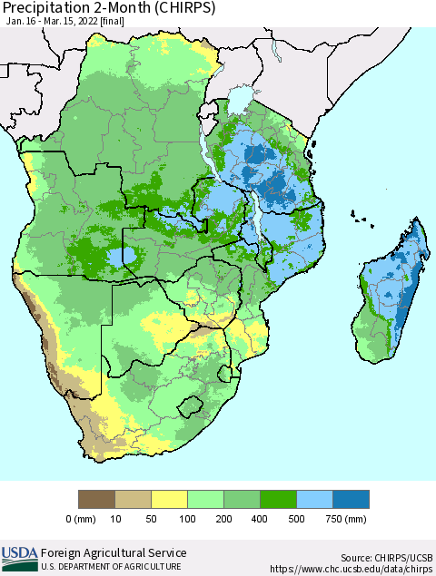 Southern Africa Precipitation 2-Month (CHIRPS) Thematic Map For 1/16/2022 - 3/15/2022