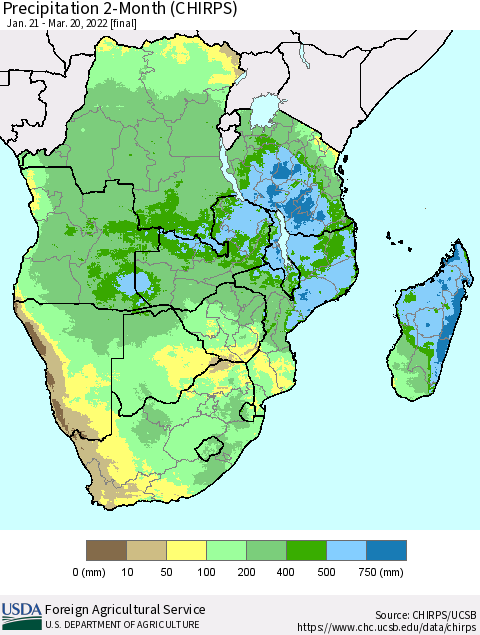 Southern Africa Precipitation 2-Month (CHIRPS) Thematic Map For 1/21/2022 - 3/20/2022