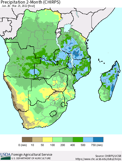 Southern Africa Precipitation 2-Month (CHIRPS) Thematic Map For 1/26/2022 - 3/25/2022