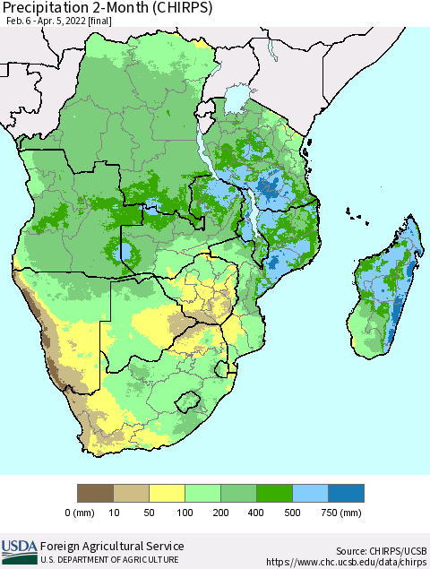 Southern Africa Precipitation 2-Month (CHIRPS) Thematic Map For 2/6/2022 - 4/5/2022