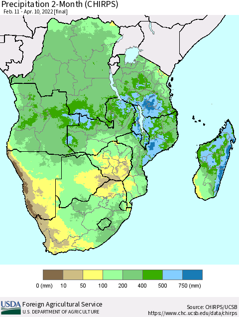Southern Africa Precipitation 2-Month (CHIRPS) Thematic Map For 2/11/2022 - 4/10/2022