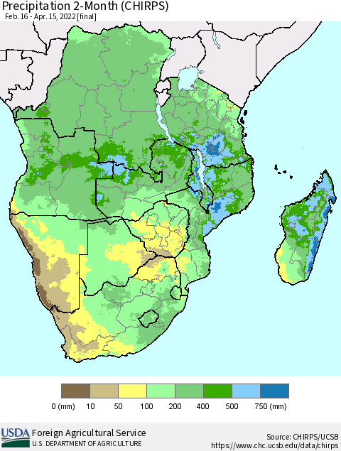 Southern Africa Precipitation 2-Month (CHIRPS) Thematic Map For 2/16/2022 - 4/15/2022