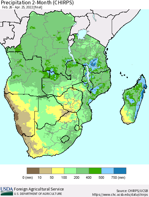 Southern Africa Precipitation 2-Month (CHIRPS) Thematic Map For 2/26/2022 - 4/25/2022