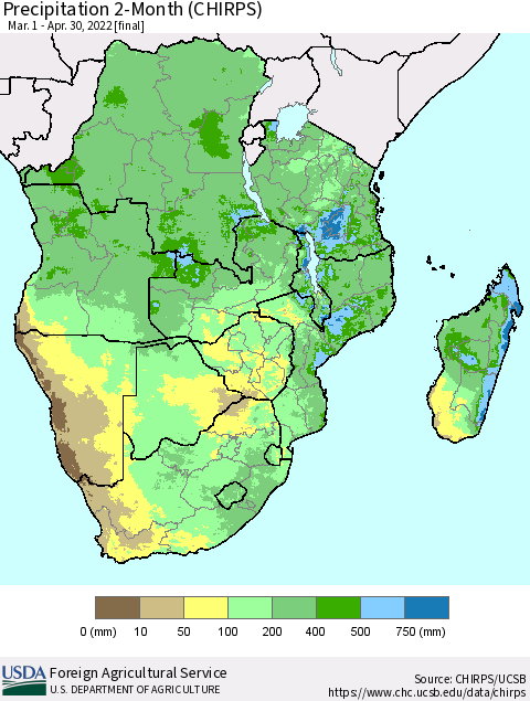Southern Africa Precipitation 2-Month (CHIRPS) Thematic Map For 3/1/2022 - 4/30/2022