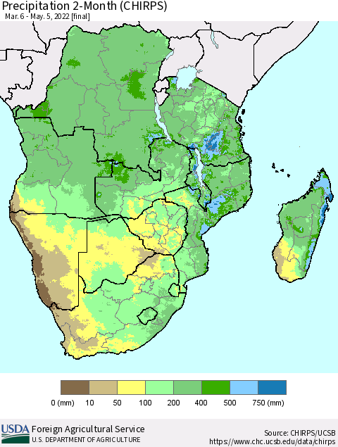 Southern Africa Precipitation 2-Month (CHIRPS) Thematic Map For 3/6/2022 - 5/5/2022