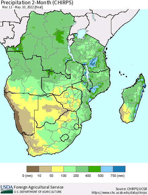 Southern Africa Precipitation 2-Month (CHIRPS) Thematic Map For 3/11/2022 - 5/10/2022