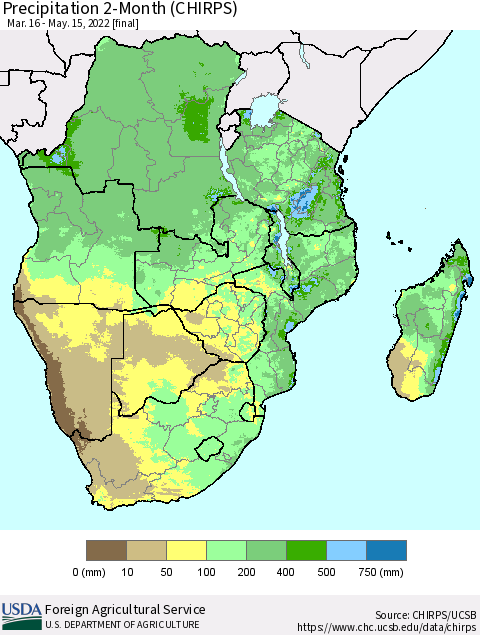Southern Africa Precipitation 2-Month (CHIRPS) Thematic Map For 3/16/2022 - 5/15/2022