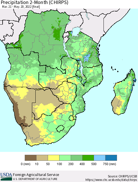 Southern Africa Precipitation 2-Month (CHIRPS) Thematic Map For 3/21/2022 - 5/20/2022