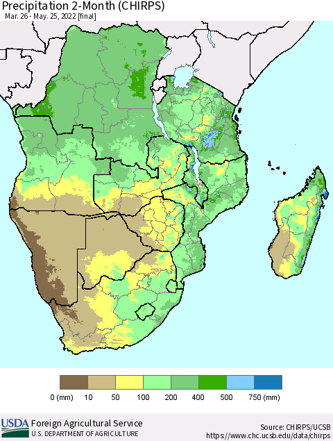 Southern Africa Precipitation 2-Month (CHIRPS) Thematic Map For 3/26/2022 - 5/25/2022
