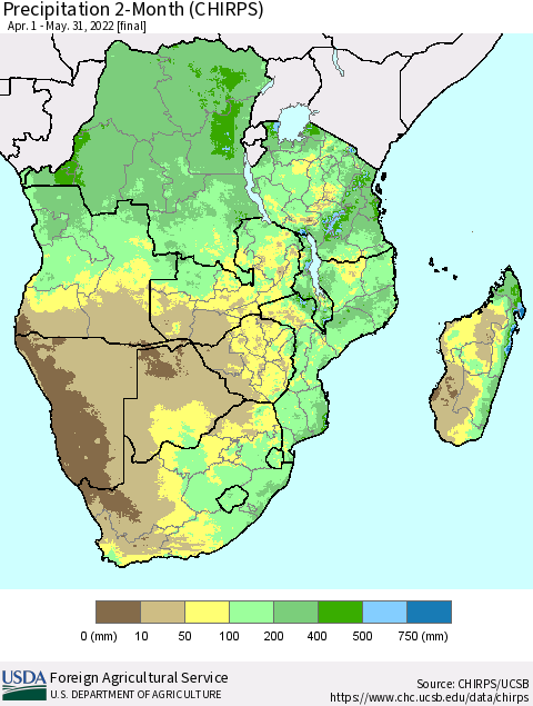 Southern Africa Precipitation 2-Month (CHIRPS) Thematic Map For 4/1/2022 - 5/31/2022
