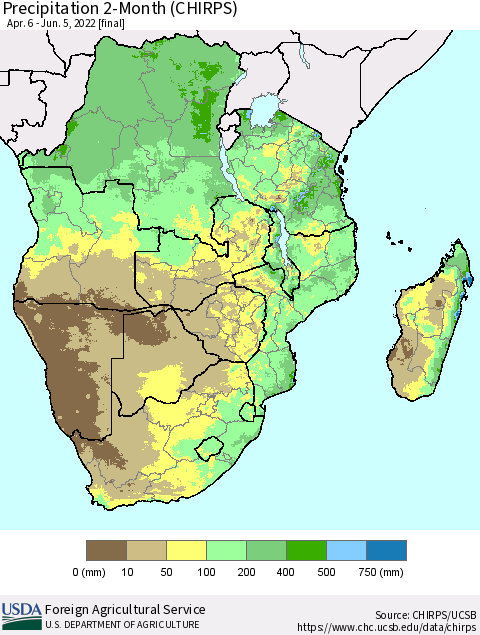 Southern Africa Precipitation 2-Month (CHIRPS) Thematic Map For 4/6/2022 - 6/5/2022