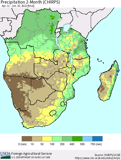 Southern Africa Precipitation 2-Month (CHIRPS) Thematic Map For 4/11/2022 - 6/10/2022
