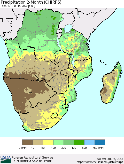 Southern Africa Precipitation 2-Month (CHIRPS) Thematic Map For 4/16/2022 - 6/15/2022