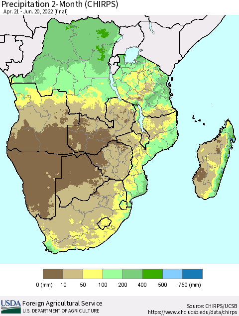 Southern Africa Precipitation 2-Month (CHIRPS) Thematic Map For 4/21/2022 - 6/20/2022