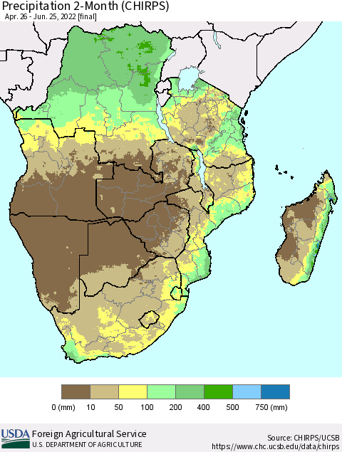 Southern Africa Precipitation 2-Month (CHIRPS) Thematic Map For 4/26/2022 - 6/25/2022