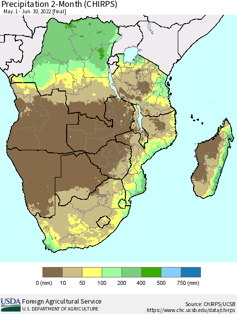 Southern Africa Precipitation 2-Month (CHIRPS) Thematic Map For 5/1/2022 - 6/30/2022