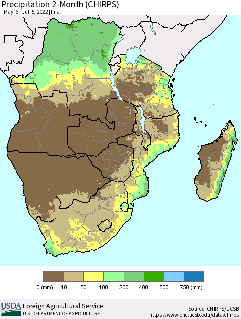 Southern Africa Precipitation 2-Month (CHIRPS) Thematic Map For 5/6/2022 - 7/5/2022