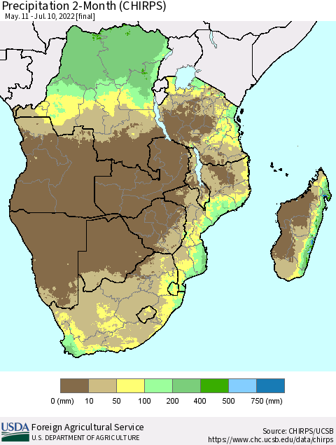 Southern Africa Precipitation 2-Month (CHIRPS) Thematic Map For 5/11/2022 - 7/10/2022