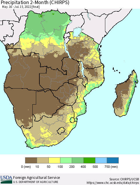 Southern Africa Precipitation 2-Month (CHIRPS) Thematic Map For 5/16/2022 - 7/15/2022