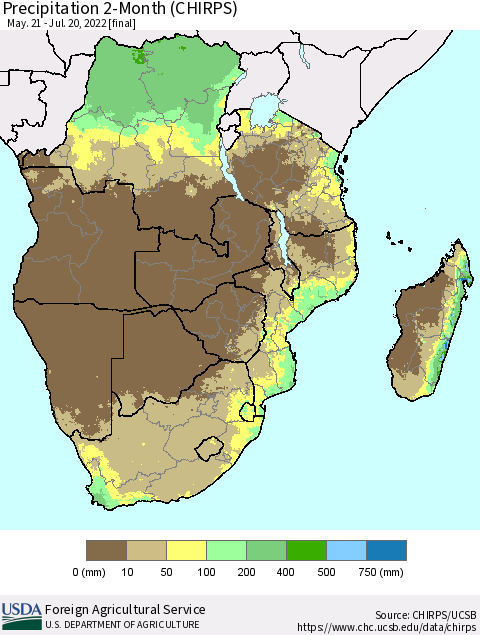 Southern Africa Precipitation 2-Month (CHIRPS) Thematic Map For 5/21/2022 - 7/20/2022